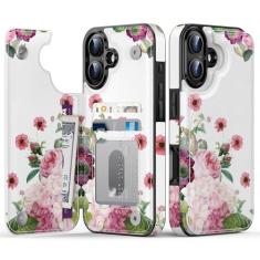 Goodon Capa carteira para iPhone 16 - Capa flip de couro com design floral moderno, 3 compartimentos para cartão e função de suporte, capa protetora de telefone elegante para mulheres e meninas -