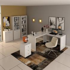 Kit 5 Peças Com Mesa Em L, Armário Alto, Gaveteiro, Estante E