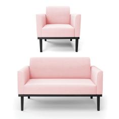 Sofá Namoradeira Com Poltrona Base De Madeira Fixa Preto Marisa Suede D03 - D'Rossi Rosa Bebê