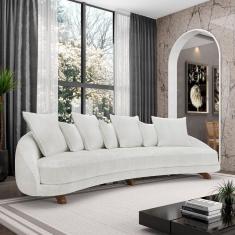 Sofá Living 3 Lugares 265cm Pés Madeira Morales Com Almofadas Bouclê Off White G52 - Gran Belo
