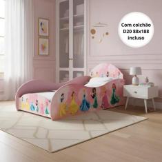 Cama Solteiro Princesas Com Proteção Lateral Mdf Rosa com colchão - GD