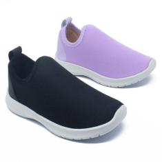 Kit 2 Pares Tênis Infantil Escolar Calce Facil Leve Confortável Macio Liso-Feminino