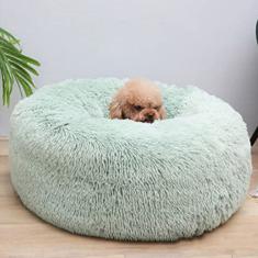 Cama calmante para cães e gatos, cama redonda lavável antiderrapante fofa de pelúcia falsa donut cama de gato para cães pequenos, médios e grandes - diâmetro inferior à prova d'água 32 pol