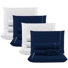 Kit c/ 4 Jogos Cama Lençol Unique Casal Padrão Micro Percal 400 Fios Ponto Palito 4 Peças - Azul Marinho + Branco