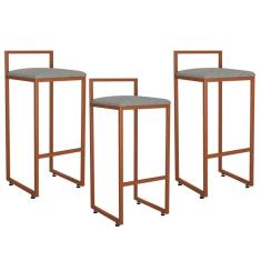 Kit 03 Banquetas Alta Hanna Bronze Linho Cinza Escuro