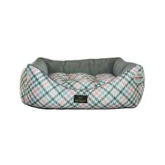 Cama para Cachorro Quadrada em Poliéster Pied de Poule Cinza e Rosa Grande (GG) 50 x 50 cm