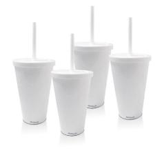 Kit 4 Copos Com Tampa E Canudo Branco Acrílico Ps - Krystalon