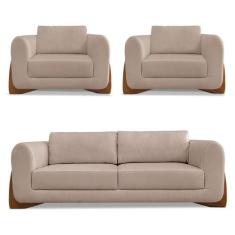 Kit 2 Poltronas e Sofá Living 2 Lugares 1,60m Lottus Linho Pés Castanh