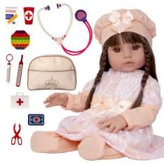 Boneca Bebê Reborn 100% Silicone Cabelos Castanhos com Itens - Cegonha
