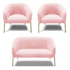 Sofá Namoradeira E 2 Poltronas Pé De Ferro Dourado Stella Suede D03 - D'rossi Cor Rosa Bebê