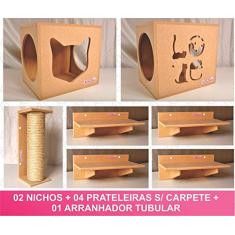 Kit 02 Nichos Gatos + 04 Prateleiras+ 01 Arranhador - Cj 07 pçs