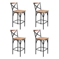 Kit 4 Banquetas Alta Industrial Paris Base Alumínio com Encosto - Natural