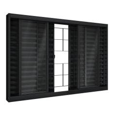 Janela de Aço Veneziana de Correr Central com Grade Quadrada 6 Folhas 100x120cm Aço Pronto Riobras Preto