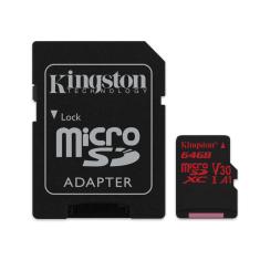 Cartao de Memoria 64GB MicroSDXC Kingston Classe 10 100R/80W uhs-i U3 V30 com Adaptador - SDCR/64GB