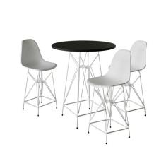 Jogo Mesa Bistrô Eames Preta 60cm 3 Banquetas Branca Base Ferro Branco