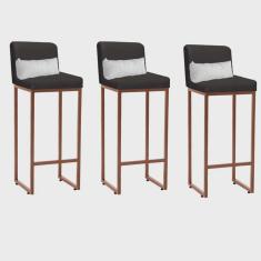 Kit 03 Banqueta Alta com Encosto Lucca Industrial Cozinha Balcão Ferro Bronze Corino Cinza e Almofada Branco - Ahazzo Móveis