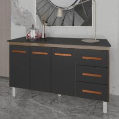 Armário Cozinha Gabinete de Pia 160 cm Estela Savana Preto e Tampo Tam