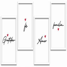 Conjunto Quadros Decorativos 4 Pçs Mdf 30X40 Amor E Familia Titulo Moldura Branca