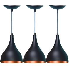 Kit 3 Lustres Pendente Gota Em Alumínio  Preta Fosca E Cobre