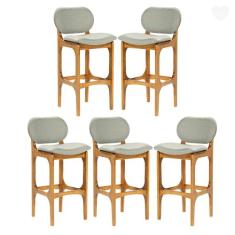 Kit 5 Banquetas Alta Estofada Rafine Madeira Maciça Castanho Linho Ver