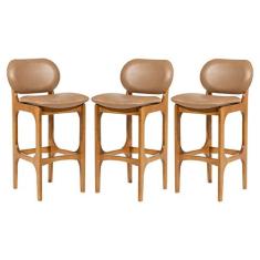 Kit 3 Banquetas Alta Estofada Rafine Madeira Castanho Tecido Impermeáv