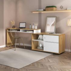 Escrivaninha Flex para Home Office com 2 Portas, Nichos e Várias Opções de Montagem Olmo/Branco