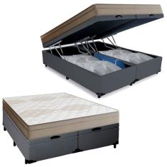 Cama Box Baú Casal Bipartido Sintético + Colchão De Molas Ensacadas Portobel Ipanema - 138x188x66cm Cinza