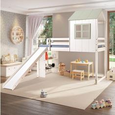 Cama Alta Infantil Cabana Family com Escorregador e Estante Casatema Branco/Verde