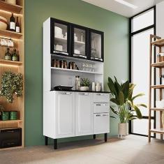 Cozinha Compacta em Aço 105cm 6 Portas 3 de Vidro 2 Gavetas Pratika Branco/Preto