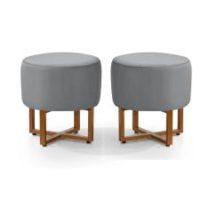 2 Banquetas Redonda Tecido Veludo Cinza Com Pes de Ferro Estilo Industrial Cobre