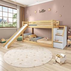 Beliche Infantil Montessoriana Garden com Escada Lateral,grade Proteção I e Escorregadore Grade X Du Branco/Natural