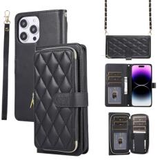 Capa carteira para iPhone 15 Pro, bolsa flip de couro com zíper com suporte para cartão, capa de telefone à prova de choque com fivela magnética com corda de mão e corrente de couro para mulheres