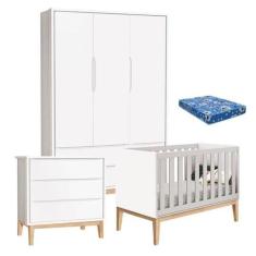 Quarto De Bebê Classic 3 Portas Com Colchão E Cômoda Gaveteiro Branco 