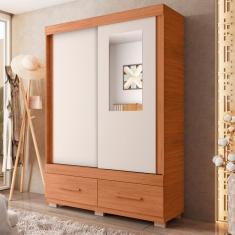 Guarda-roupa Solteiro com Espelho 2 Portas de Correr 2 Gavetas Sereno Freijó/Off White