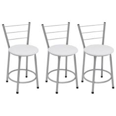 Kit 3 Banquetas Baixas Prata com Encosto Assento Branco