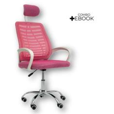 Kit 3 Cadeiras Escritório Diretor Tela Mesh Com Encosto De Cabeça Rosa