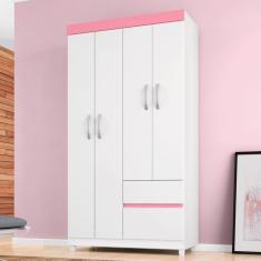 Guarda Roupa Solteiro Mainz 4 Portas 2 Gavetas MDP Branco-Rosa Demóbile
