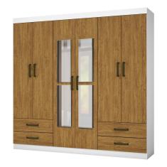 Guarda Roupa Casal Lu 6 portas 4 Gavetas Com Espelho Carioca Móveis - Freijó com Branco