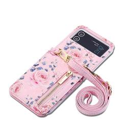 Capa transversal para celular para Samsung Galaxy Z Flip 4 3 5G Flip4 Flip3 Retrô Rose Slot para cartões Capa de couro com cordão, rosa, para Galaxy Z Flip4 5G