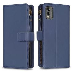 Capa para Nokia C32 com alça de pulso, 9 compartimentos para cartão, 1 carteira de couro com zíper, função de suporte, fecho magnético, capa para celular compatível com Nokia C32 de 6,5 polegadas