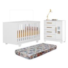 Quarto de Bebê com Berço Mini Cama 100% Mdf com Colchão Life e Cômoda 