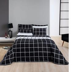 Colcha com jogo de lençol Queen 7 pças Cobre Leito Micropercal 200 Fios Dupla Face Austin - Preto e Branco