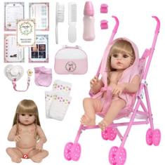 Boneca Tipo Reborn de Silicone Princesa Loira 46cm Carrinho - Cegonha 