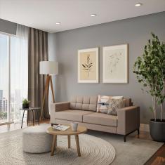 Sofá 3 Lugares Leave Pés e Base em Madeira Linho Cotton Bege 180 cm