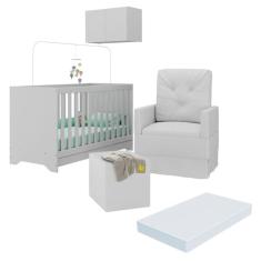 Berço 3 Em 1 Com Colchão Poltrona Puff E Armário Aéreo 2 Portas Multimóveis Mp4166 Branco Branco