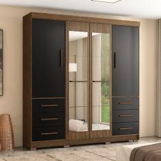 Guarda Roupa Casal com Espelhos 4 Portas 6 Gavetas Estrela Marafon Móveis Nogueira/Preto
