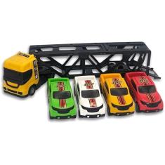 Brinquedo Infantil Caminhão Cegonha Cegonheira de Brinquedo com 4 Carrinhos (Amarelo)