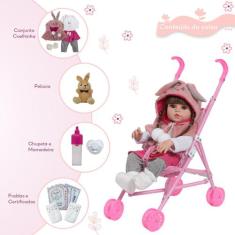 Boneca Bebê Reborn Com Carrinho Enxoval Coelhinha 13 Itens - Cegonha R