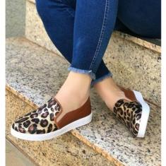 Tênis feminino Slip on onça paetê marrom