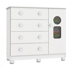 Cômoda de Bebê 1 Porta 4 Gavetas Tedy Móveis Peroba Branco Brilho